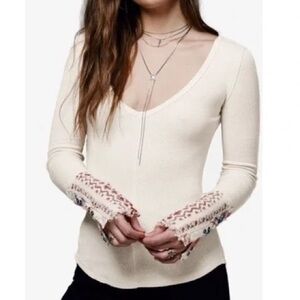 Free People We The Free Art School Cuff V Neck Thermal Top Cream Pink XS Women’s